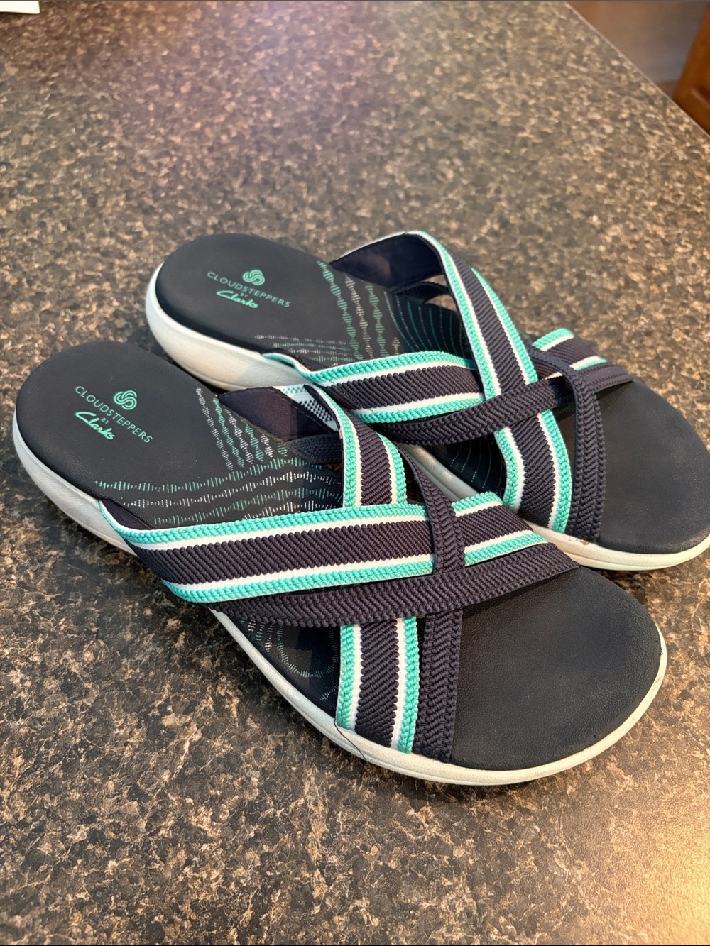 Clarks Cloud Stepper Navy and Teal Crisscross Slide Sandals - Picture 4 of 4